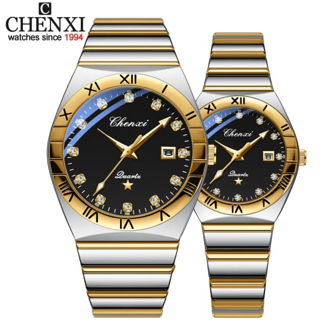 Moda Chenxi pareja de cuarzo de lujo para hombres mujeres calendario Dial relojes casuales relojes de pulsera originales de acero inoxidable completo