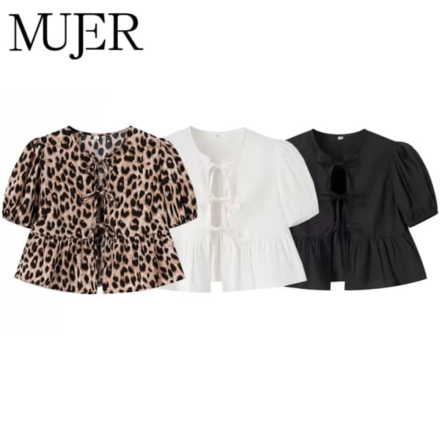MUJER, Top corto con estampado de leopardo, blusas con volantes y mangas abullonadas para mujer, camisas y blusas de verano 2025, Tops fruncidos para mujer