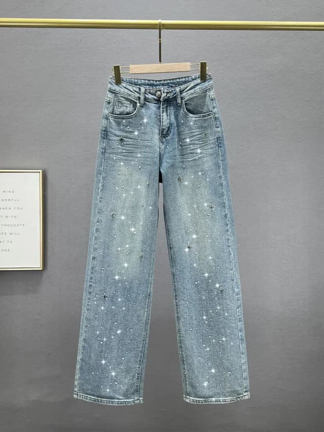 XINGX-pantalones vaqueros lavados de cintura alta con diseño colgante de diamantes de imitación para mujer, pantalones de pierna recta holgados, adelgazantes y que combinan con todo, verano