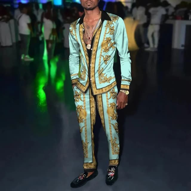 Trajes de camisa con estampado 3D para hombre, conjunto de dos piezas, camisa de manga larga con solapa transpirable, pantalones largos, moda Retro Harajuku