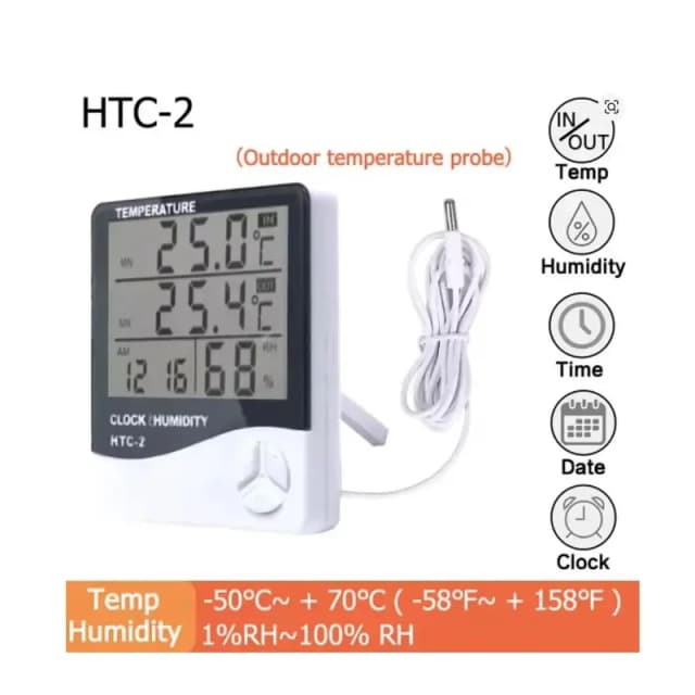 Medidor Digital de humedad y temperatura LCD HTC-2/HTC-1, higrómetro para interiores y exteriores, termómetro, estación meteorológica con reloj