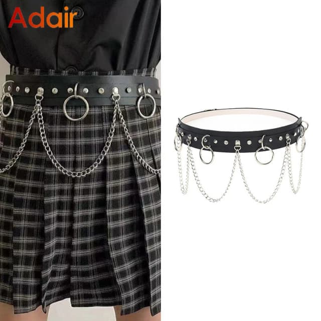 Cinturón gótico con flecos y cadena con colgante de Luna, estilo Punk, cinturilla Vintage de cuero PU negro para mujeres y niñas LYF001