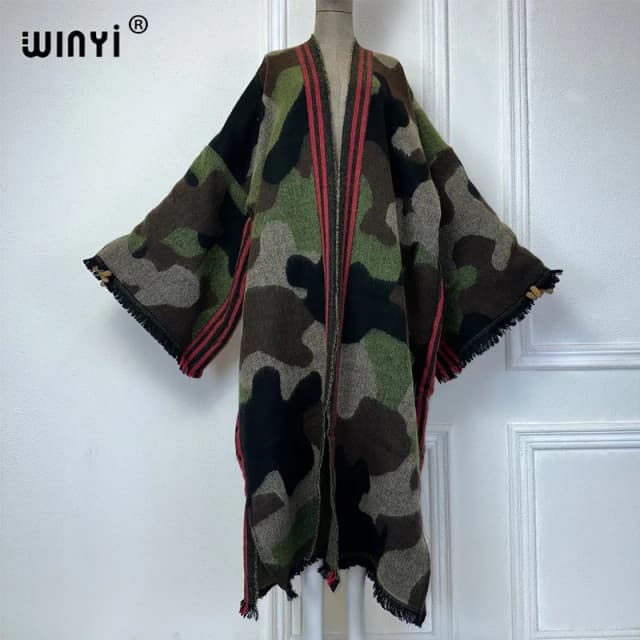 WINYI-kimono africano de color camuflaje para mujer, abrigo de manga larga abaya dubai, cárdigan largo con frente abierto de lujo, vestido de fiesta de invierno
