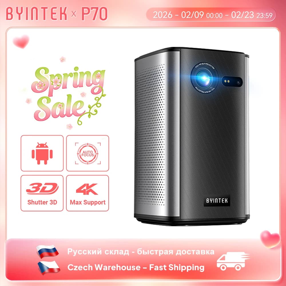BYINTEK P70 Proyector 4K 1080P DLP Mini Proyector Portátil Cine en Casa Inteligente Wi-Fi y Bluetooth para Películas y Juegos con Batería