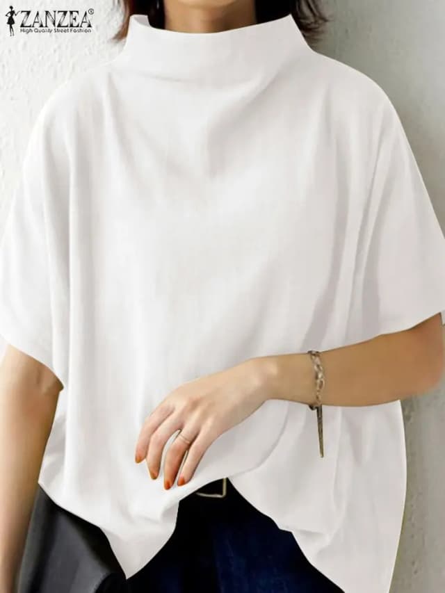 ZANZEA-Blusa informal de algodón puro para mujer, Blusas lisas de cuello alto de manga corta con cremallera trasera, Tops elegantes para vacaciones de gran tamaño