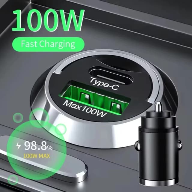 Cargador de coche de 100W, carga rápida USB para IPhone QC3.0 Mini PD USB tipo C, cargador de teléfono para coche para Samsung, Huawei, XiaoMi