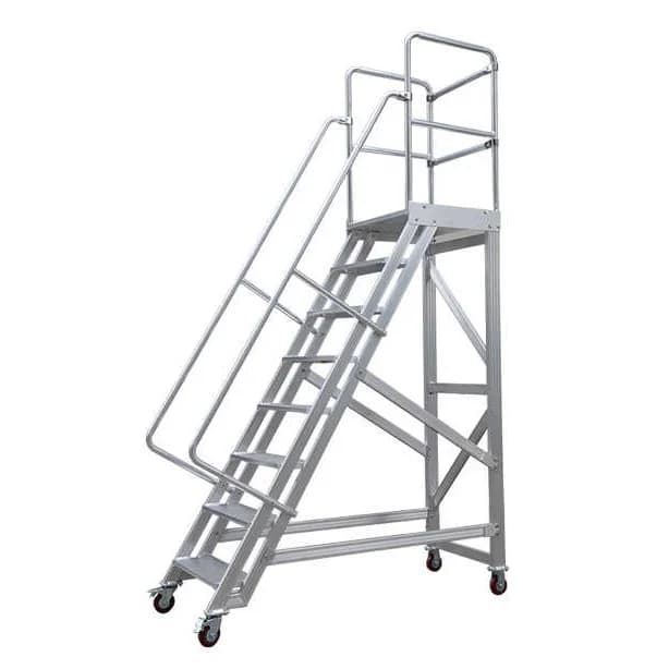 Plataforma móvil de aluminio Pasos Escalera Pasamanos Ruedas de cuatro ruedas Personalizable Almacén Seguridad Rodante Plataforma móvil OEM