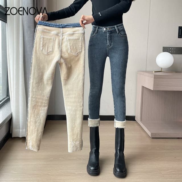 ZOENOVA 2024 pantalones vaqueros gruesos de terciopelo para mujer, pantalones vaqueros ajustados de cintura alta, pantalones pitillo de mezclilla informales elásticos ajustados y cálidos de lana simples