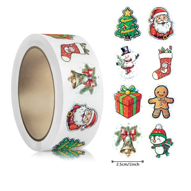 500 Uds. Pegatinas navideñas de dibujos animados láser, etiqueta adhesiva para envolver regalos de Navidad, pegatinas de recompensa, papelería para álbum de recortes, 1"