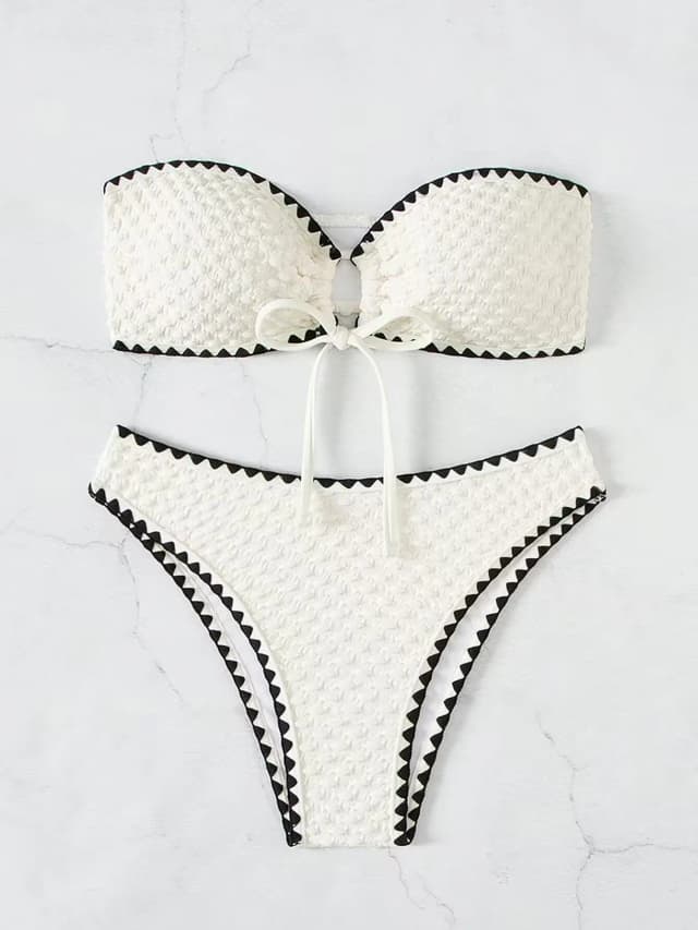 Traje de baño blanco de 2 piezas, traje de baño sin tirantes para mujer, conjunto de Bikini Sexy de banda sin espalda, traje de baño de retazos con cordones, novedad de 2025