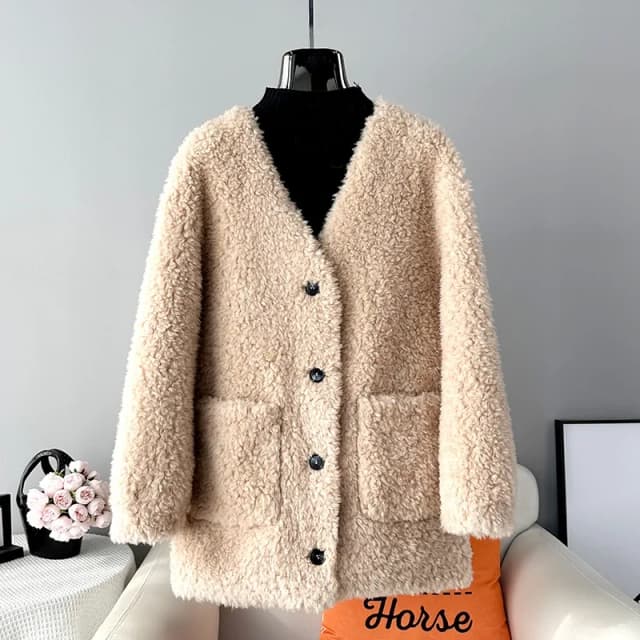Chaqueta de longitud media para mujer, abrigo de piel de oveja con cuello en V, cárdigan con silueta, Parka JT413, 2024