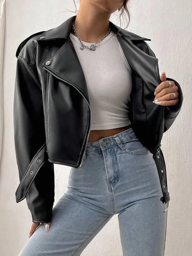 Ailegogo nueva primavera mujer corto negro Pu chaqueta de piel sintética ropa de calle mujer cremallera cinturón Moto Biker abrigo prendas de vestir