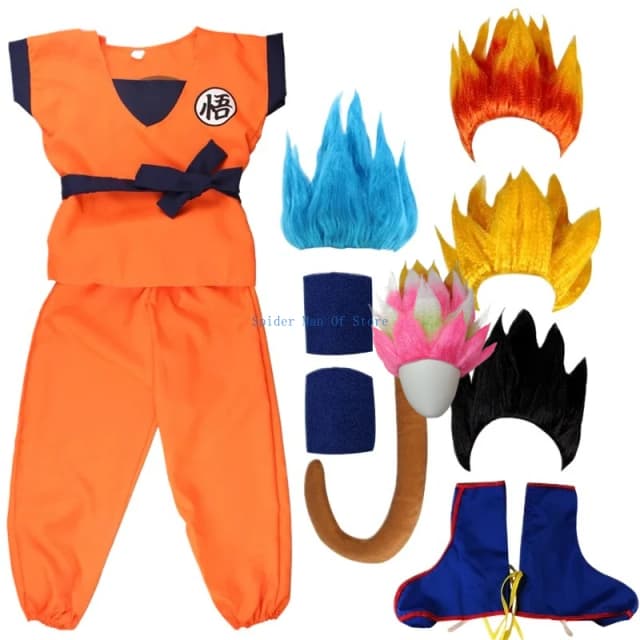 Disfraces de Anime para niños y adultos, Son Goku Gui, Carnaval, Cosplay, fiestas y vacaciones de Halloween, incluida peluca de muñeca con cola, diseño de oro azul