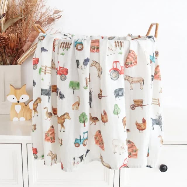 Manta de muselina con estampado de granja, mantas de algodón de bambú para bebé, manta receptora para recién nacido, manta súper suave de 2 capas, envoltura de ducha