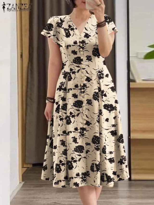 ZANZEA-vestido Midi de verano para mujer, moda con estampado Floral, volantes, mangas casquillo, cuello en V, corte en A, informal, cintura ajustada, vestido veraniego para fiesta