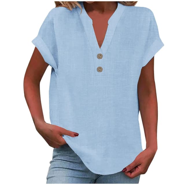 2025 verano algodón Lino transpirable Color sólido botón abajo camisa con cuello en V básico y versátil Casual cómodo señora Oficina Tops