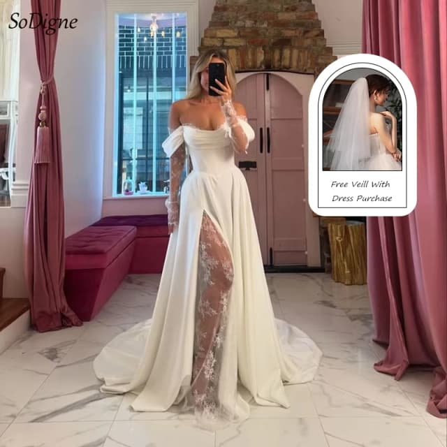 Sodigne a linha vestidos de casamento fora do ombro manga longa cetim/renda vestido de noiva elegante vestido de novia personalizado