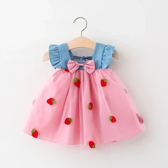 (0-3 años) novedad de verano, vestido para niñas, vestido pequeño con manga voladora y lazo para niños, vestido de princesa fresco con fresas bordadas