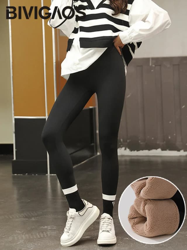 BIVIGAOS-mallas gruesas de terciopelo de Alpaca para mujer, mallas de tiburón negro, cintura alta, ajustadas, sin costuras, cálidas, para otoño e invierno