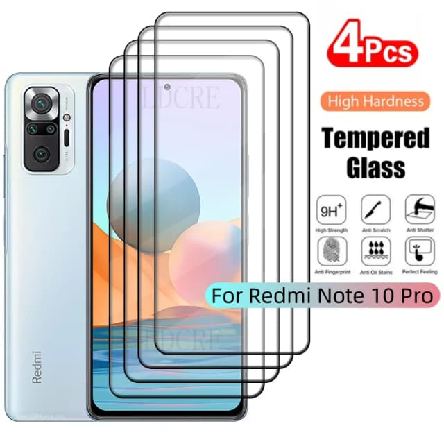 Protector de pantalla para Xiaomi Redmi Note 10 Pro, pegamento de cubierta completa, 9H, HD, 4 unidades