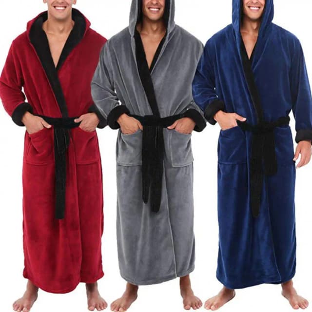 Bata de baño de lana Coral para hombre, bata larga de franela suave, vestido tipo kimono con tirantes en la cintura, camisón de invierno, bata de baño, ropa de dormir, lencería para hombre