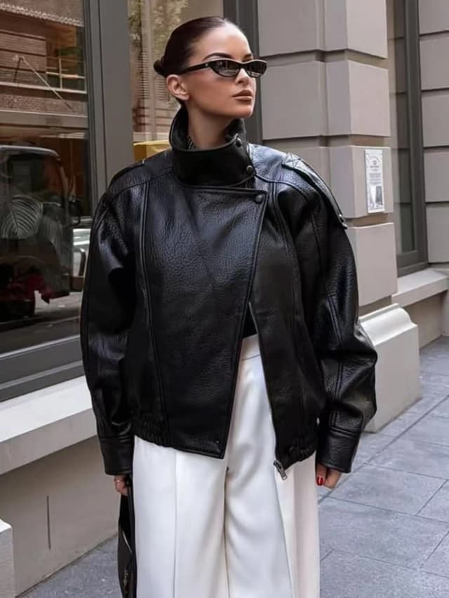 TFMLN 2025 chaqueta holgada de piel sintética para mujer, abrigo de manga larga con cuello levantado de calle, prendas de vestir informales con cremallera a la moda para Otoño e Invierno