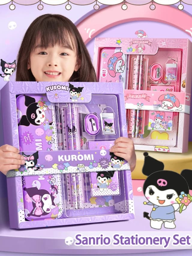 Sanrio Kuromi Melody Cinnamoroll caja de regalo de papelería niñas escuela primaria 12 piezas útiles escolares para niños Kawaii nuevo caliente