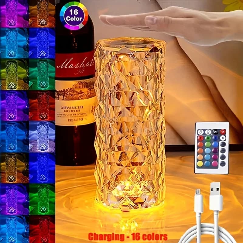 Lámpara de cristal, luz nocturna RGB que cambia de 16 colores, lámpara táctil USB, lámparas de mesa LED románticas con rosas para dormitorio, fiesta, cena, decoración