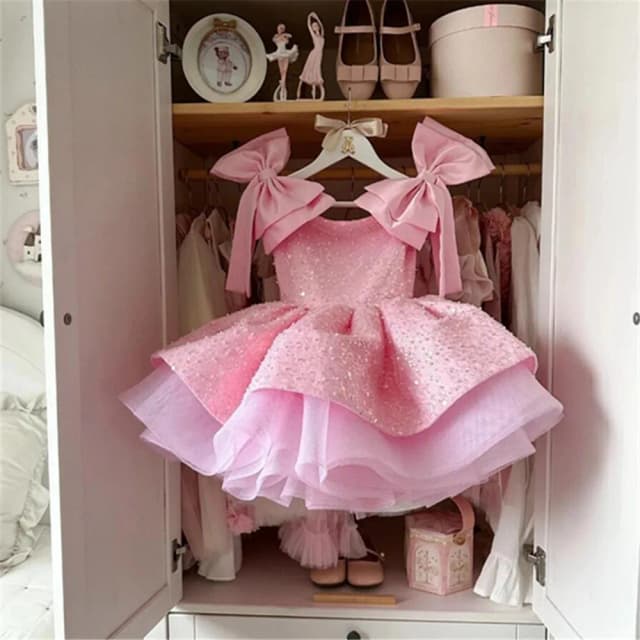 Vestidos de niña de flores rosas personalizados para boda, lentejuelas con lazo hasta la rodilla, bonito vestido de primera comunión para fiesta de cumpleaños de princesa