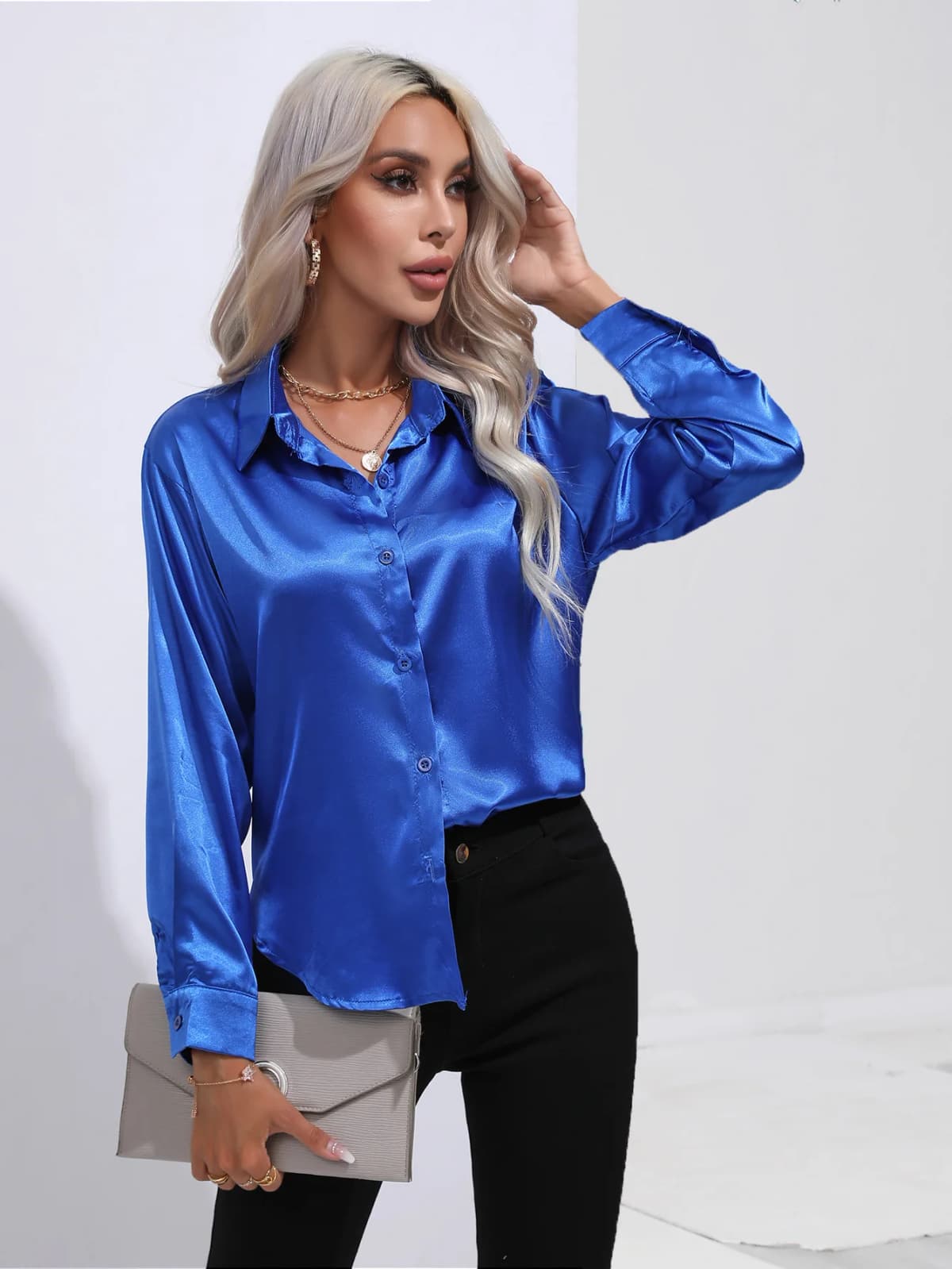 Camisa de satén de primavera para mujer, blusa holgada con botones, camisa de manga larga de seda de imitación para mujer