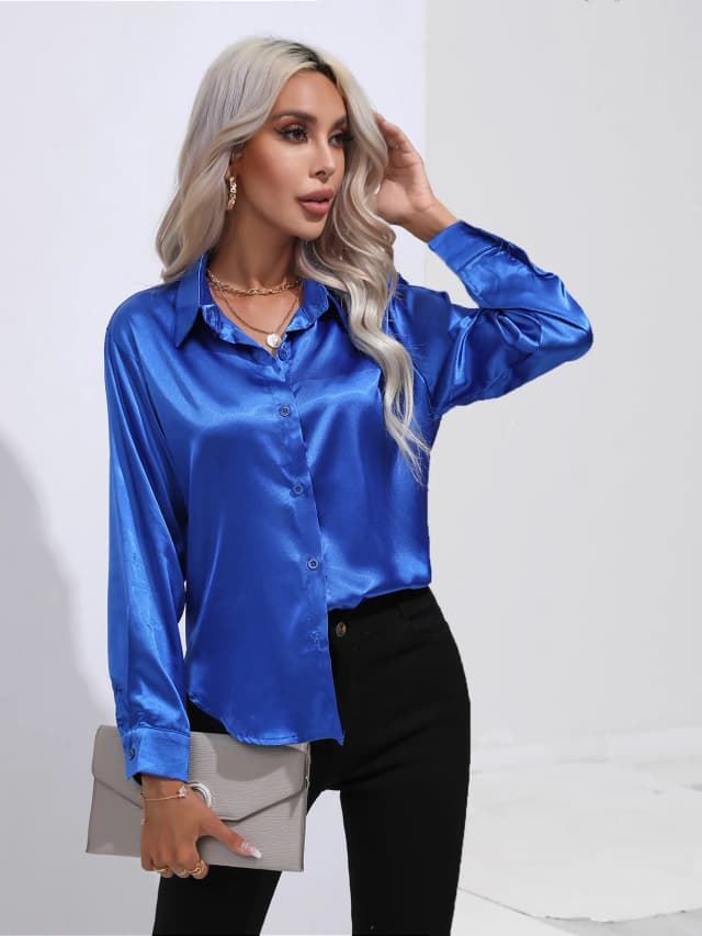 Camisa de satén de primavera para mujer, blusa holgada con botones, camisa de manga larga de seda de imitación para mujer