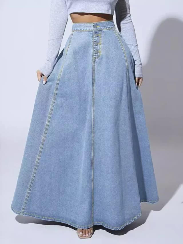 Faldas vaqueras para mujer, falda larga de línea A, pantalones vaqueros de cintura alta con una hilera de botones, Vintage, Maxi, informal, elegante, empalme, ropa de calle Y2k