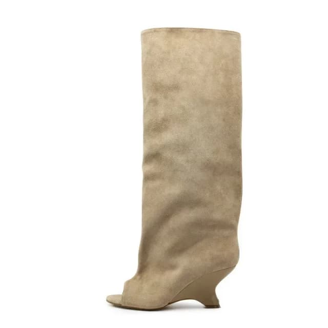 2025 Boca de pescado para mujer, tacones altos gruesos hasta la rodilla, botas geniales con tacón inclinado, desfile de moda, botas de mujer de talla grande para Primavera/Verano
