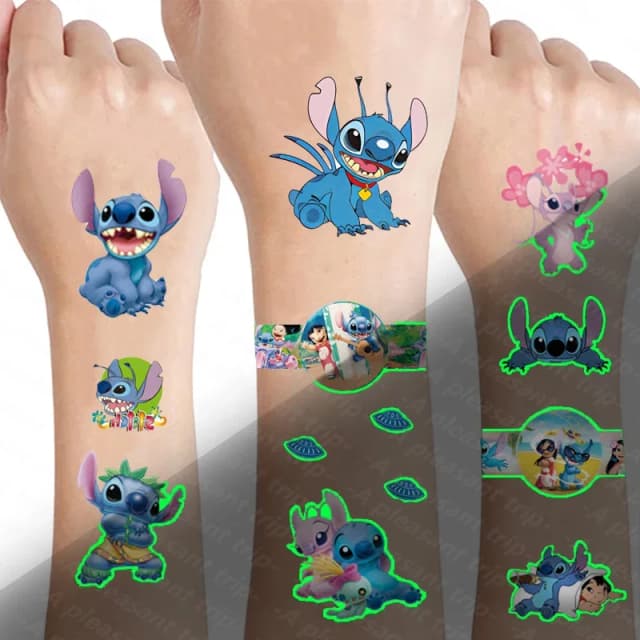 Tatuaje luminoso de punto de Disney, pegatinas que brillan en la oscuridad, decoración de fiesta de Lilo y Stitch, suministros de juguetes para niños de feliz cumpleaños, regalo