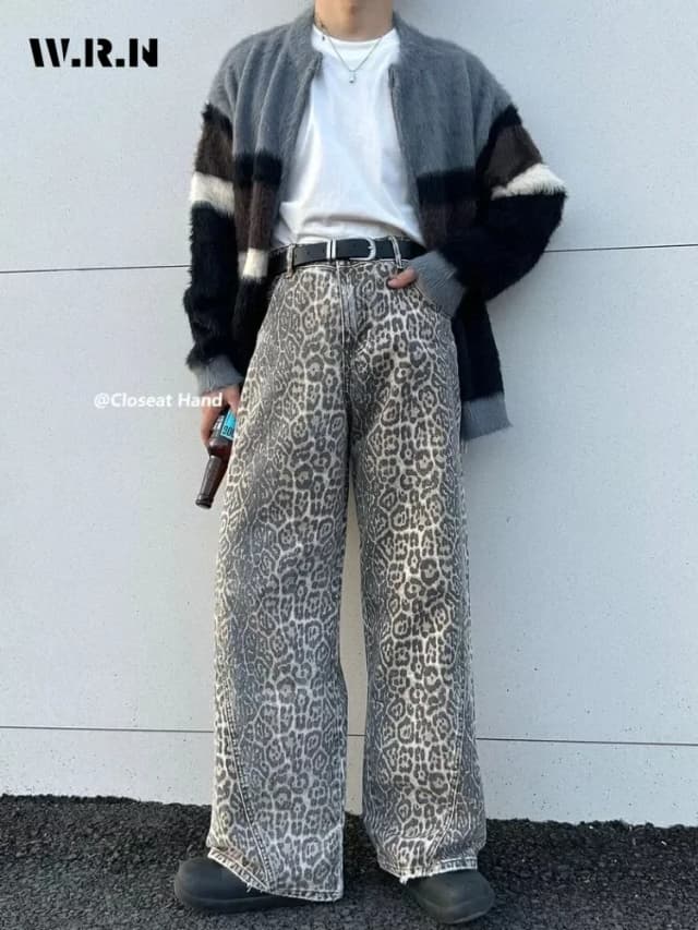 Pantalones vaqueros finos lavados con estampado de leopardo Vintage americano para mujer, pantalones vaqueros informales de estilo neutro, Pantalones rectos de cintura alta