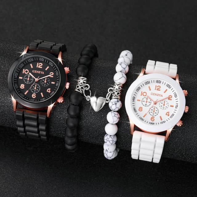 4 Uds. De relojes de pareja, reloj de cuarzo árabe a la moda para mujer, relojes de pulsera informales con banda de silicona, conjunto de pulseras con imán en forma de corazón
