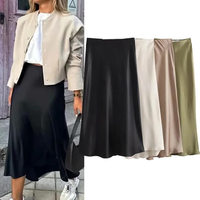 Willshela 2024 falda de satén negro para mujer, faldas largas elegantes de cintura alta para mujer, falda Midi de verano a la moda, faldas de oficina para mujer