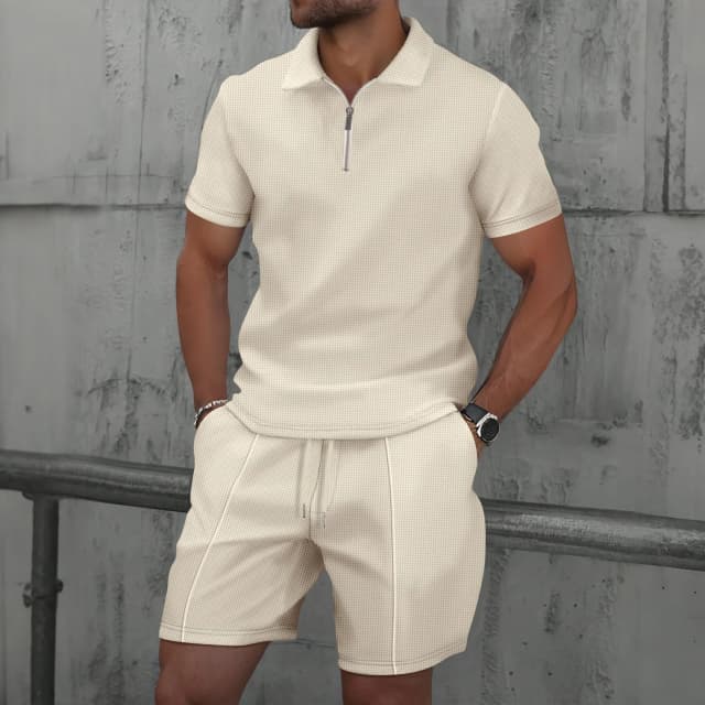 2025 Hombres Europa y Estados Unidos nuevo verano Waffle color sólido con cremallera solapa traje de manga corta pantalones cortos dos conjuntos