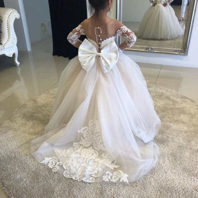 Abito da ballo per prima comunione per bambini, festa di nozze, abito da damigella d'onore, per bambini, 3-9 anni, pizzo, tulle, ragazza di fiori, bottoni, fiocchi