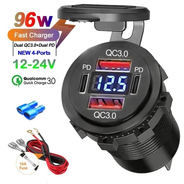 Cargador USB Dual PD QC3.0 para motocicleta y coche, 96W, con enchufe de voltímetro, adaptador de toma de corriente resistente al agua para coche, barco, camión, Moto