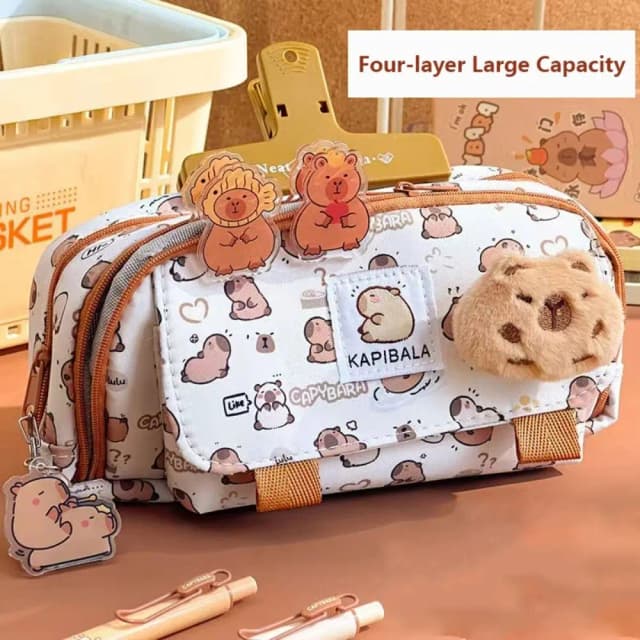 Capybara-Bolsa de bolígrafo de tres capas de dibujos animados, gran capacidad, papelería, estuche de lápices multifuncional, niños y niñas