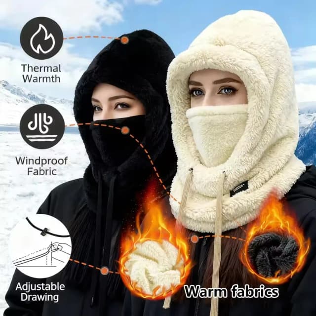 Pasamontañas de Color sólido para invierno, cubierta aislante facial con cordón, cubierta de cuello integrada gruesa ajustable para mujer, máscara facial completa para montar