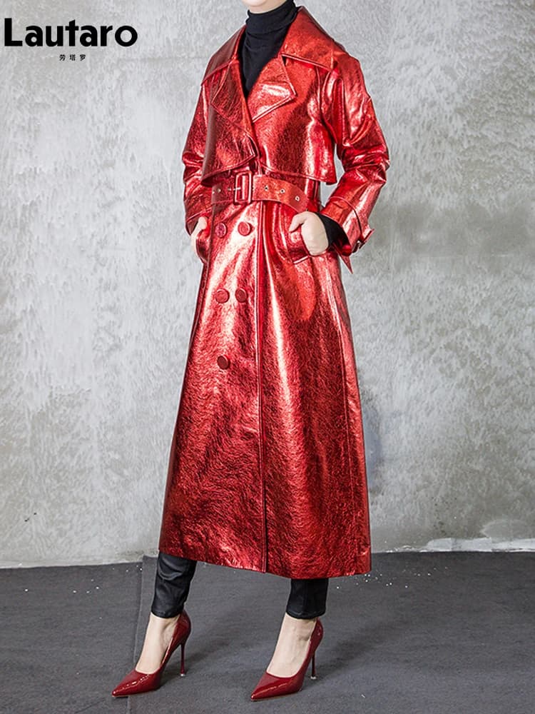 Lautaro-gabardina de cuero Pu reflectante para mujer, abrigo largo brillante con cinturón de doble botonadura, moda europea, primavera y otoño