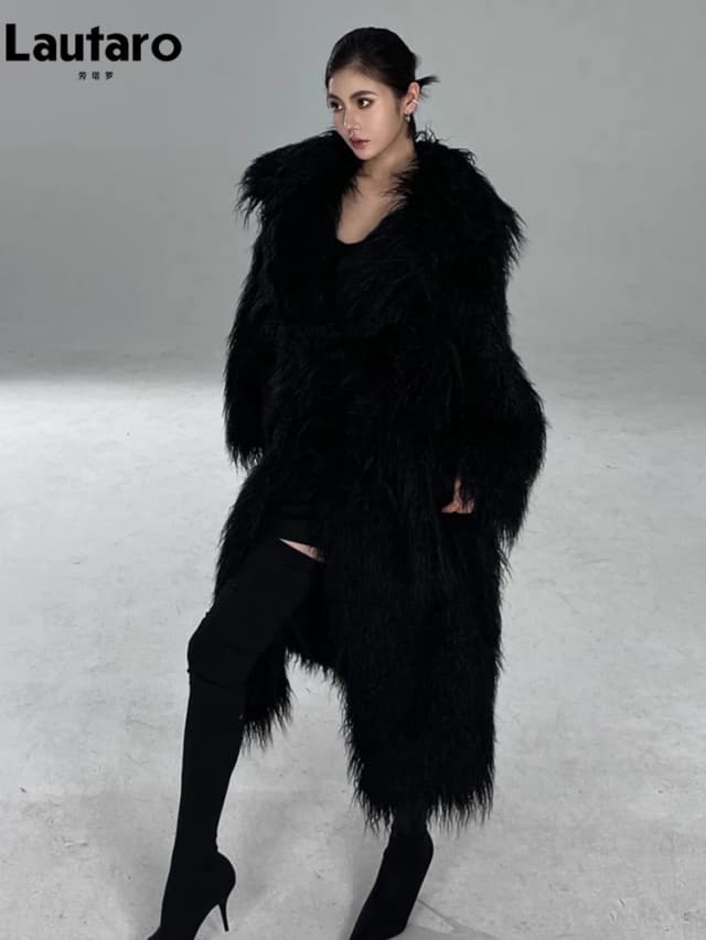 Lautaro invierno largo negro peludo peludo grueso cálido suave mullido abrigo de piel sintética mujeres fajas abrigo de diseñador de lujo moda de pasarela