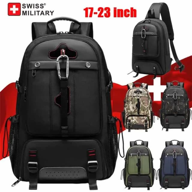 Mochila de viaje militar suiza para hombre, bolso de negocios USB expandible, impermeable, de gran capacidad, 17,3, para ordenador portátil, mochila de 80L