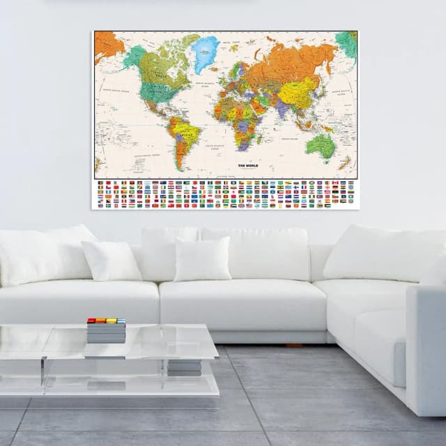 150x100cm Fizyczna mapa świata z flagą dla edukacji i kultury Włóknina w sprayu Mapa świata Malowanie Dekoracja domu