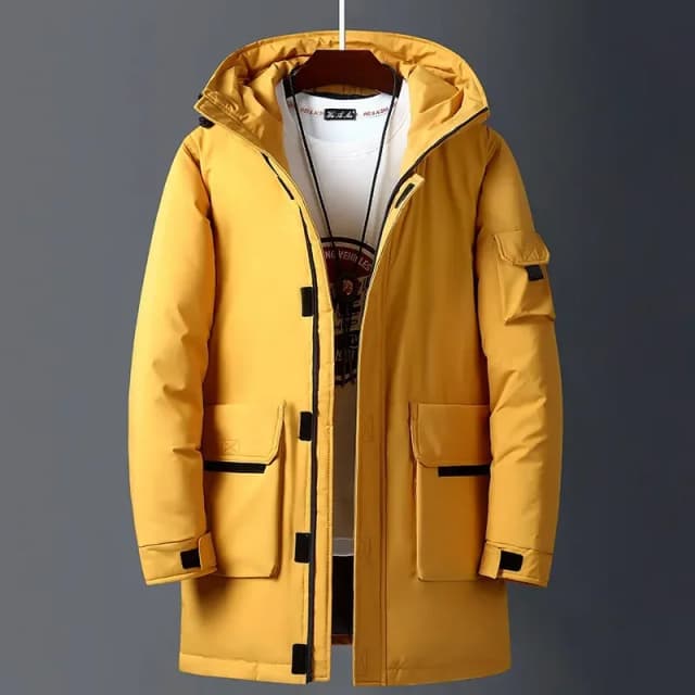 Chaquetas de invierno para hombre, chaquetas largas cálidas con capucha de pato blanco, Parka informal de otoño, abrigo esponjoso negro para hombre, Beige y amarillo, novedad de 2024