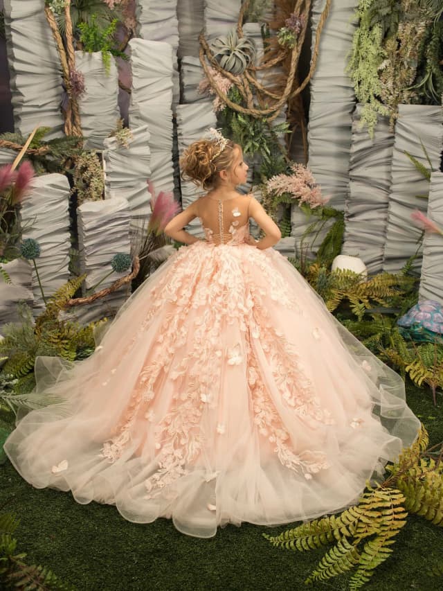 Abito grazioso Abito da ragazza di fiore rosa Abito da principessa in pizzo floreale con applicazioni in tulle soffice gonna lunga fino al pavimento Abiti da ballo Festa di comunione