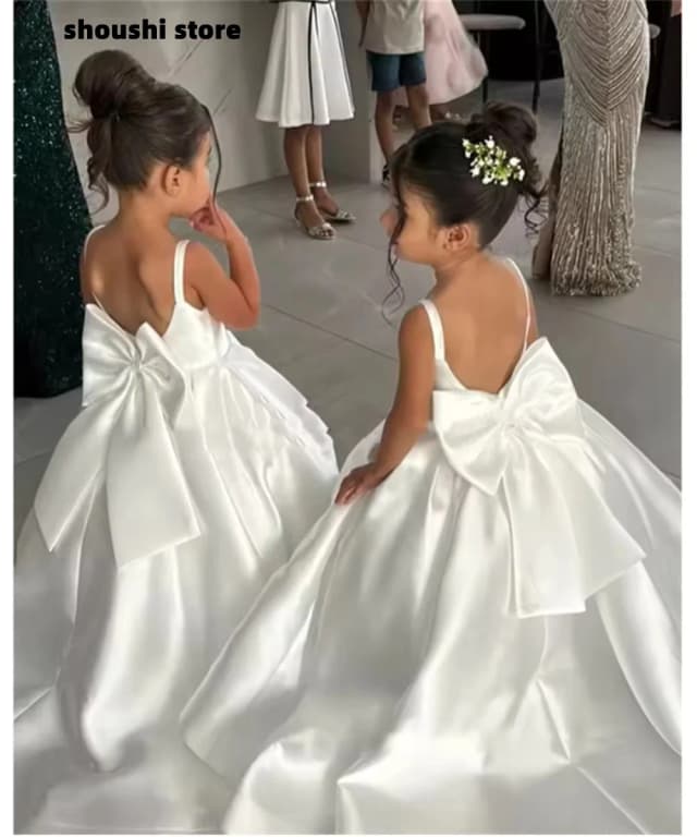 Vestido Blanco de Niña para Dama de Honor con Tirantes de Lazo, Mini Vestido de Novia, Vestido de Fiesta para Niñas, Vestido de Primera Comunión, Vestidos Personalizados