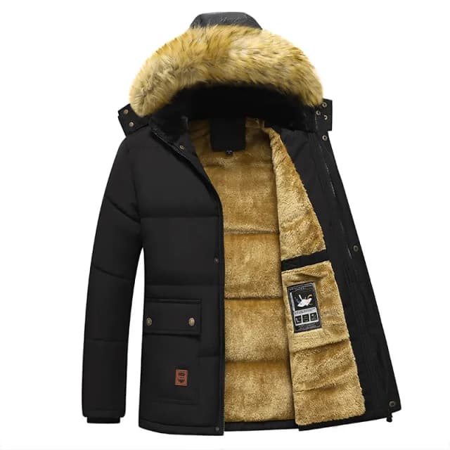 Parka de invierno para hombre, abrigo grueso y cálido con forro polar y Cuello de piel con capucha, chaqueta de felpa de talla 5XL, prendas de vestir para trabajo de otoño, color negro, novedad de 2024